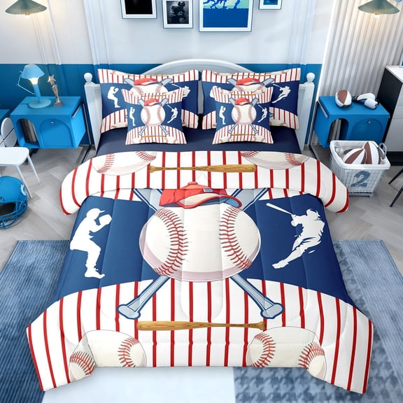 Feelyou Baseball Gaming Twin Bedding Sets 7-Piece, Red Blue Lines Bedding Comforter Set