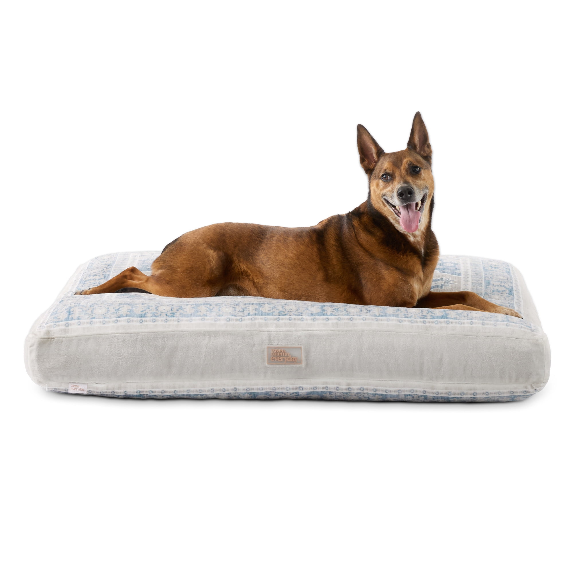 TOWN & COUNTRY EVERYDAY CuddleTown Medallion Everwash® Pillow Pet Bed, Water Repellent Floor Pillow, Machine Washable Cover, Soft & Calming, Blue/Greige, Large 44"x34"x4"