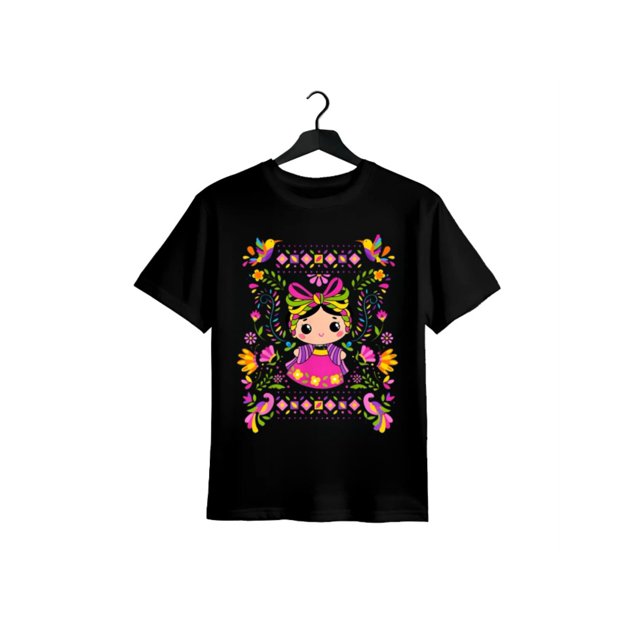 Camiseta de algodón con estampados florales y dibujos animados para mujer, estilo mazahua mexicano Lele María, manga corta, cómoda y casual.