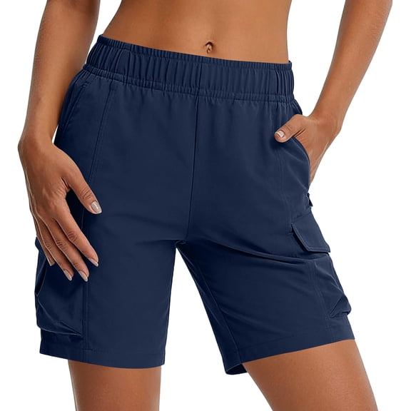 Zynoxe Women's Cargo Shorts with Multi Pockets Comfort Elastic Waistband Summer Shorts Relaxed Mid-Thigh Length Straight Leg Shorts Versatile Lighweight Breathable Outdoor Hiking Shorts S