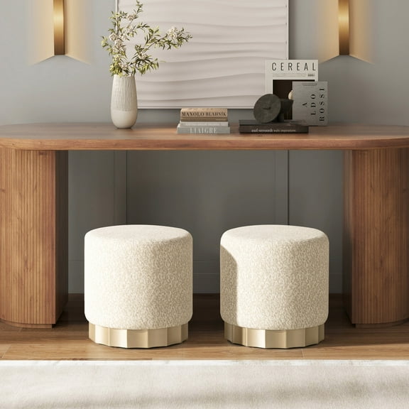 Newboti Hampton 18" Round Upholstered Ottoman with Scalloped Base, Speckled Egg Beige Chenille 917994075051749