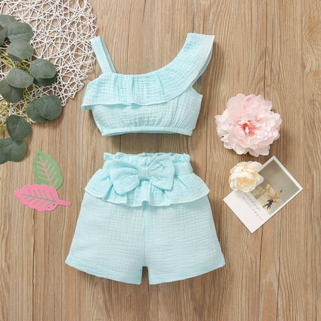 

CHGBMOK Clearance Toddler Baby Girls Ruffle One Shoulder Clothes Sling Cute Bow Two-Piece Suit