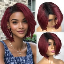 Ombre Butgundy Red Color Short Bob 100% Human Hair Full Machine Made Wig Easy To Put On And Take Off Sport Side Part Pixie Cut Natural Black 99j Remy Brazilian Human Hair No Lace Wig For Women