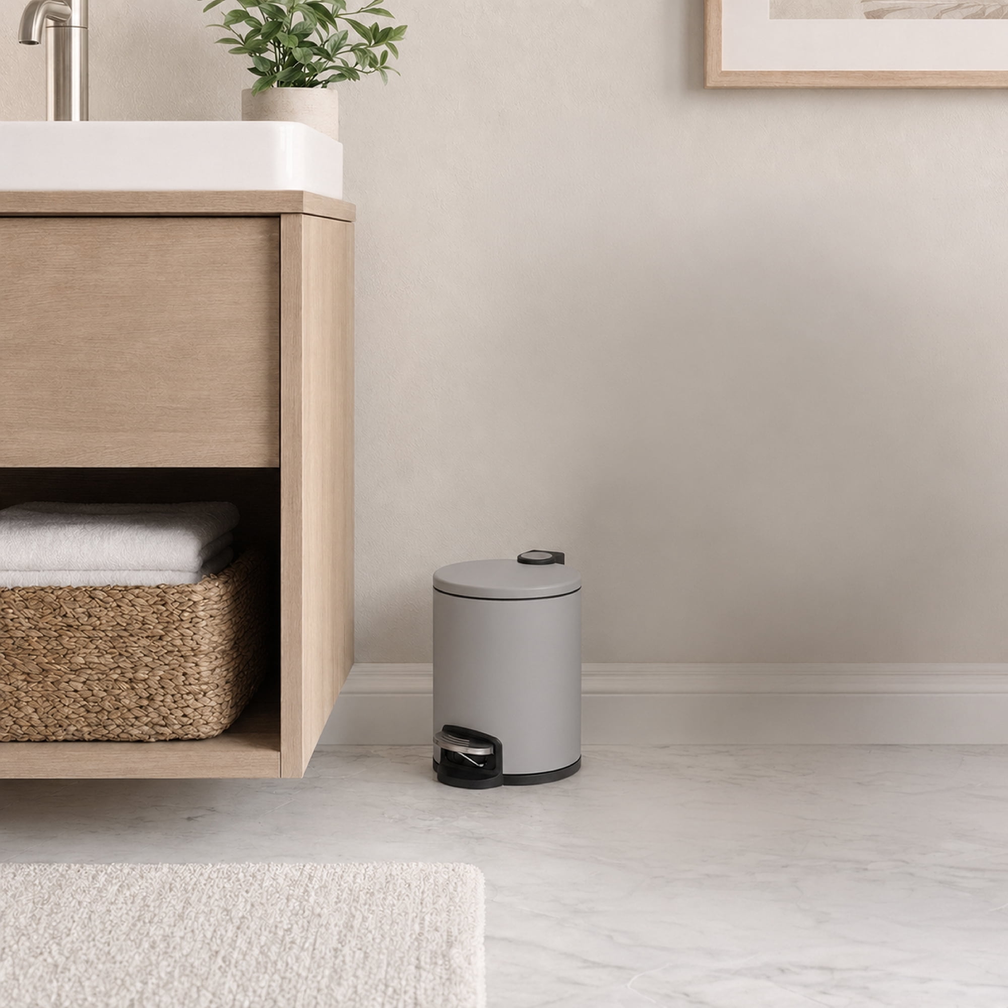 Acento Rondo 1.3 Gallon Round Step Trash Can with Soft-Close Lid, Removable Liner Bucket, Premium Pedal Metal Waste Bin for Bathroom, Bedroom, Dorm, Office, Matte Gray