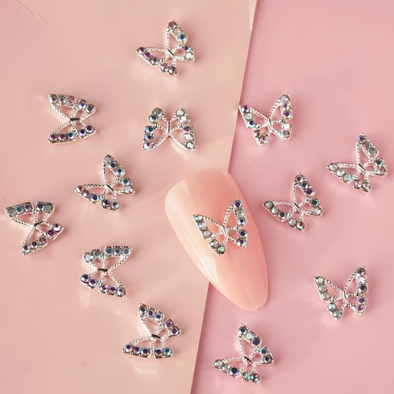 10 Pieces Butterfly Nail Charms with Diamond Inlay - Exquisite Alloy Nail Art Accessories for Stunning Nail Designs