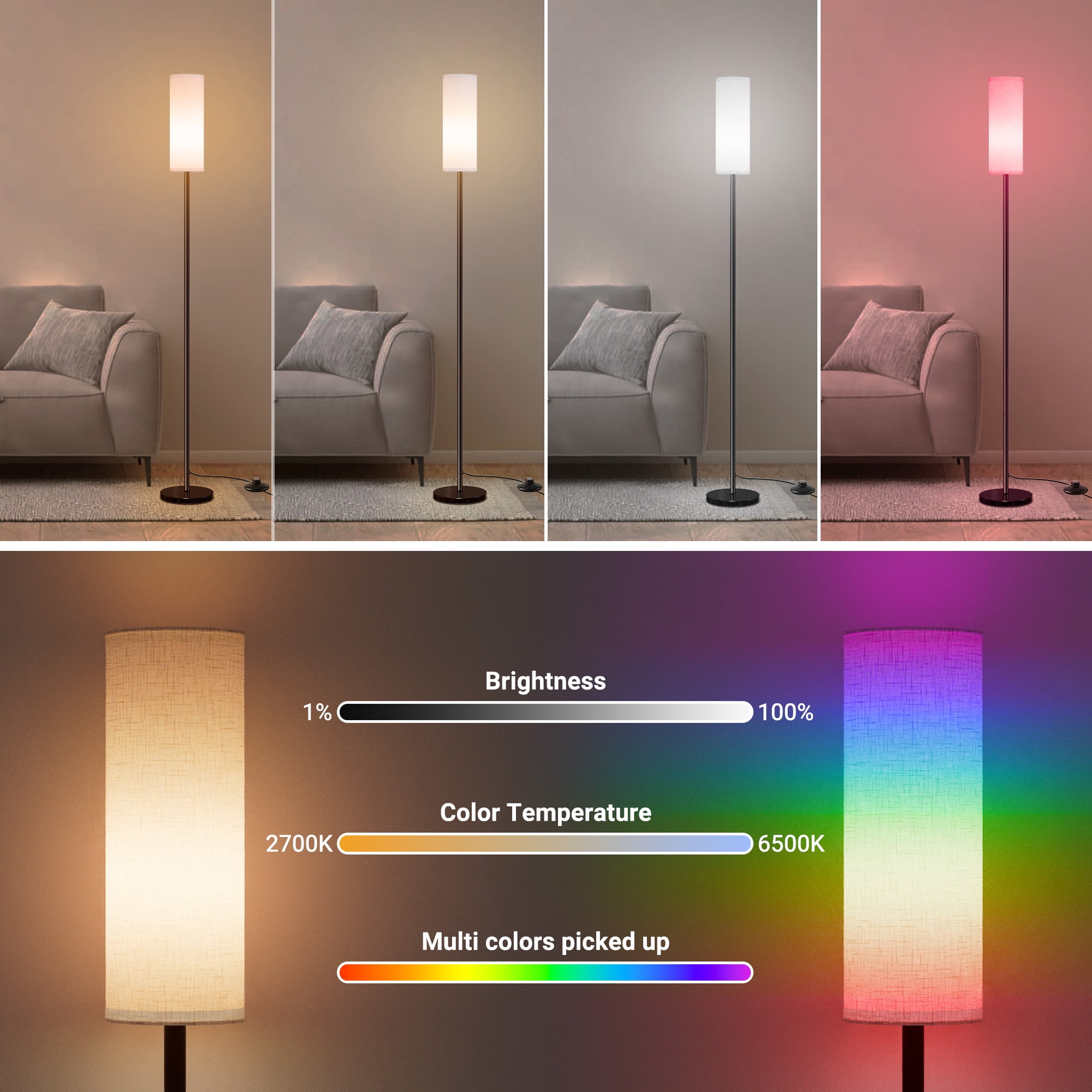 VOLIVO LED Floor Lamp, RGB Standing Lamps, Works with Alexa/Google Home, Stepless Dimming, for Living Room