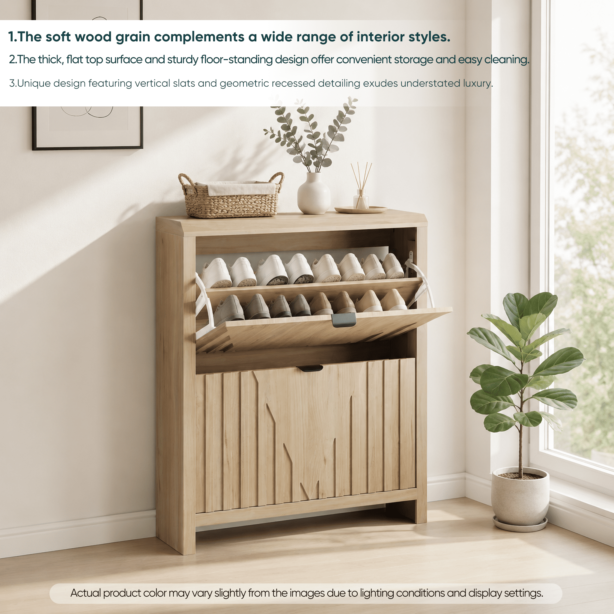31.5 Inch Oak Flip-Down Shoe Cabinet with Vertical Carved Panels, Large Capacity Dustproof Freestanding Entryway Shoe Rack Holds 12-16 Pairs for Hallway Foyer