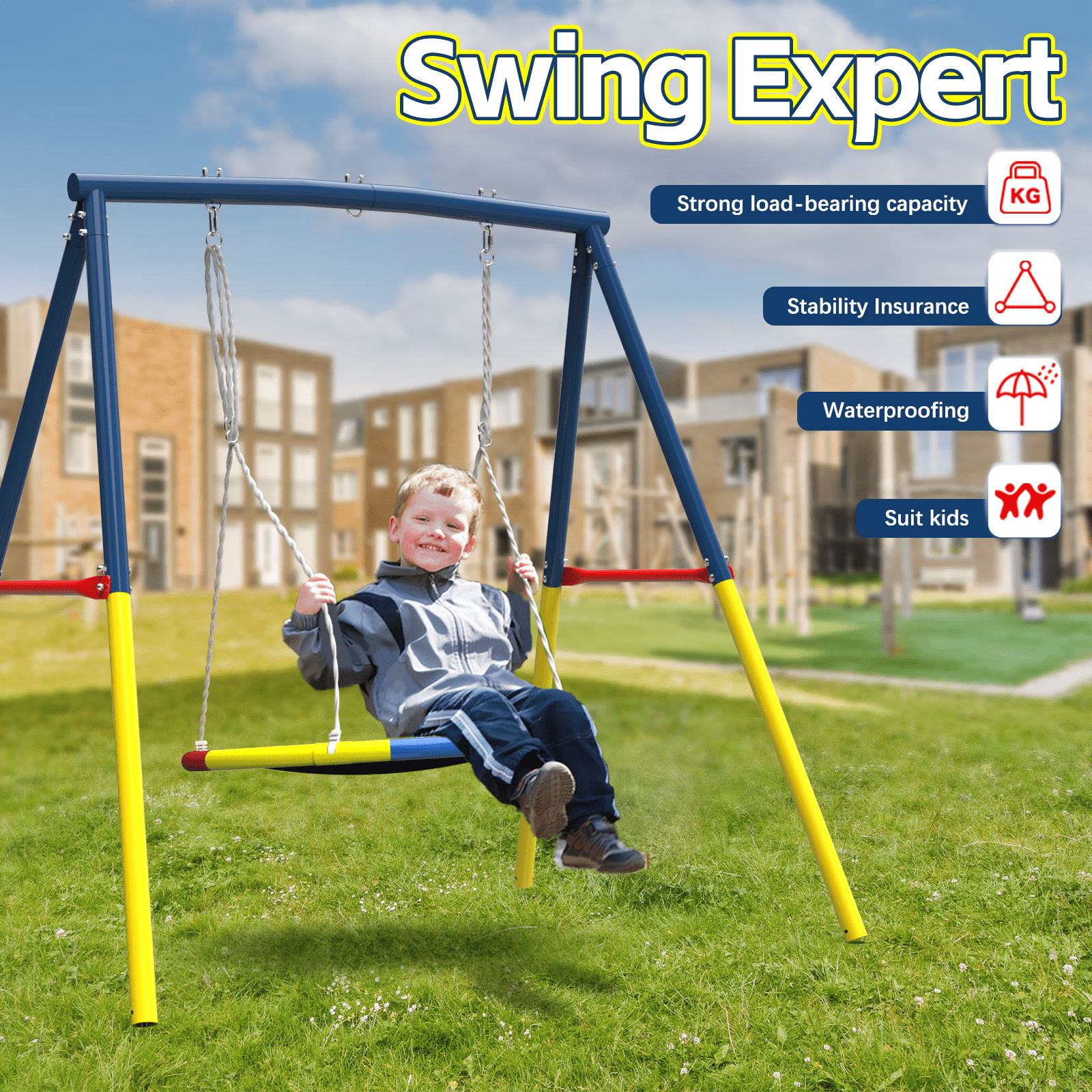 Aukfa Heavy Duty Metal Swing Set with Saucer Swing, 440LBS A-Frame Backyard Swing Set for Kids and Adults, Blue