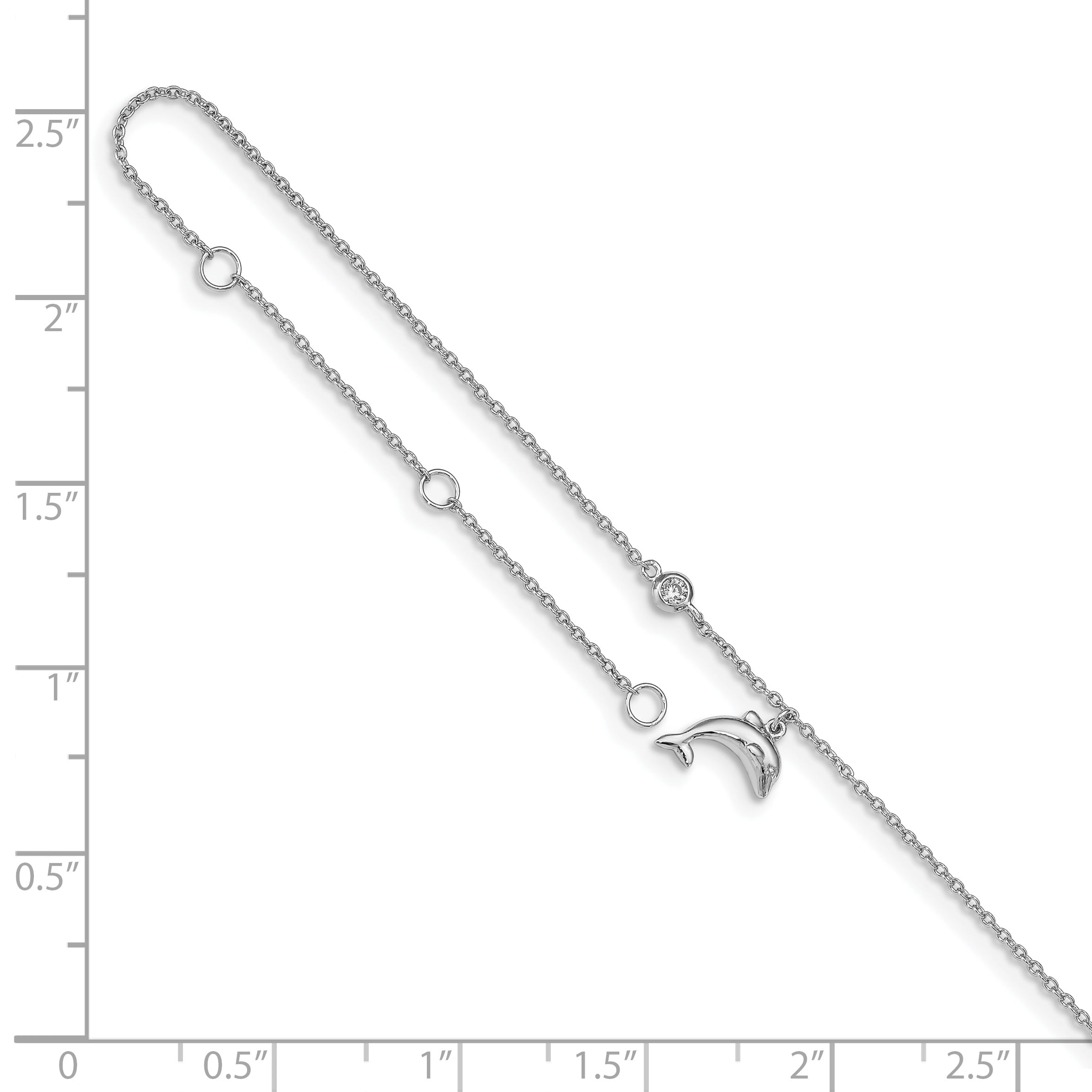 Sterling Silver Rhodium-plated Cubic Zirconia Dolphin with 2in Extender Anklet