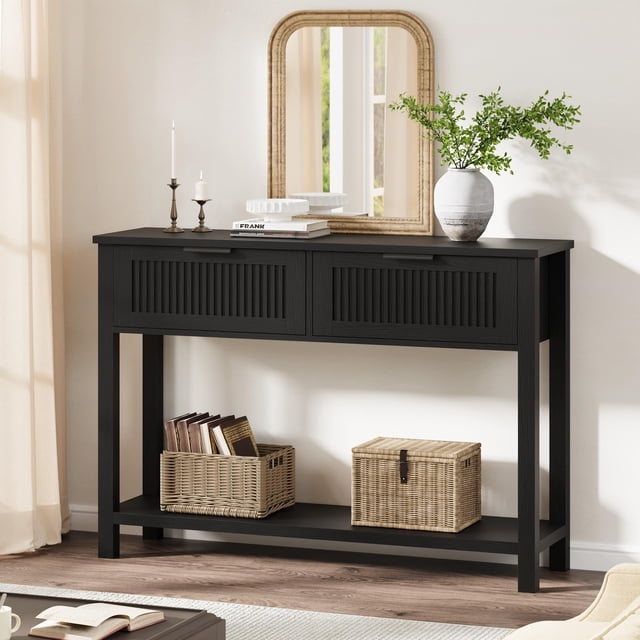 EDTara Wooden Sofa Table, Fluted Entryway Console With 2 Drawers for Foyer or Living Room