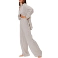 thumbnail image 2 of KOMOO Women Two Pieces Outfits Oversized Sheer Loose Outfits Long Sleeve Button Shirts Wide Leg Pants Set, 2 of 5