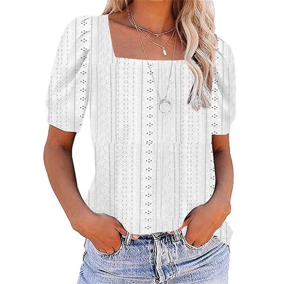 Square Neckline Women Casual Puff Sleeve Lace Blouse Shirt Tops