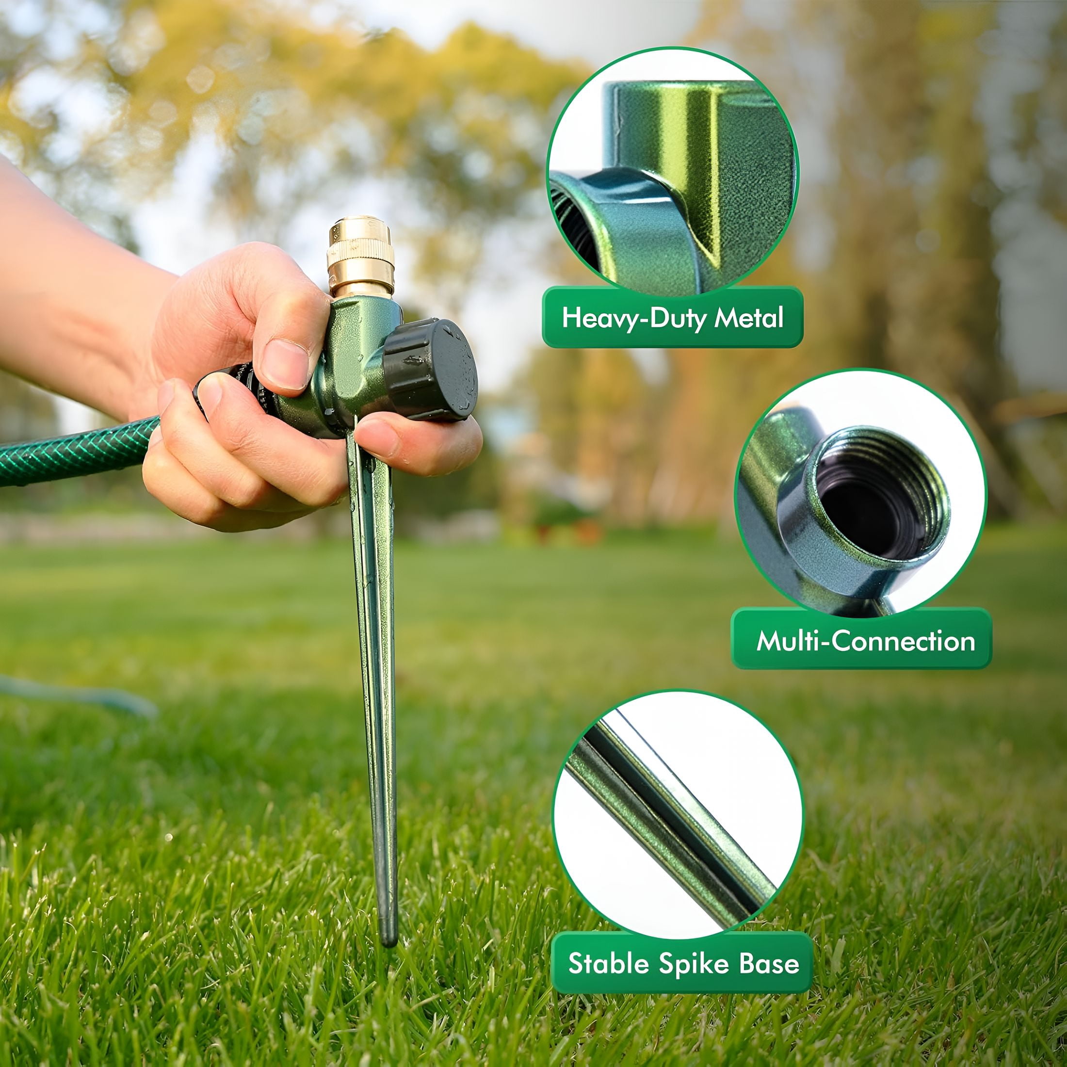 BPPEG 3 Pack Zinc Alloy Lawn Sprinkler Spike Base,Flow-Thru Sprinkler Base for Yard,Lawn,Garden and Grass Irrigation,Stable&Durable with Bright Green Glitter Design