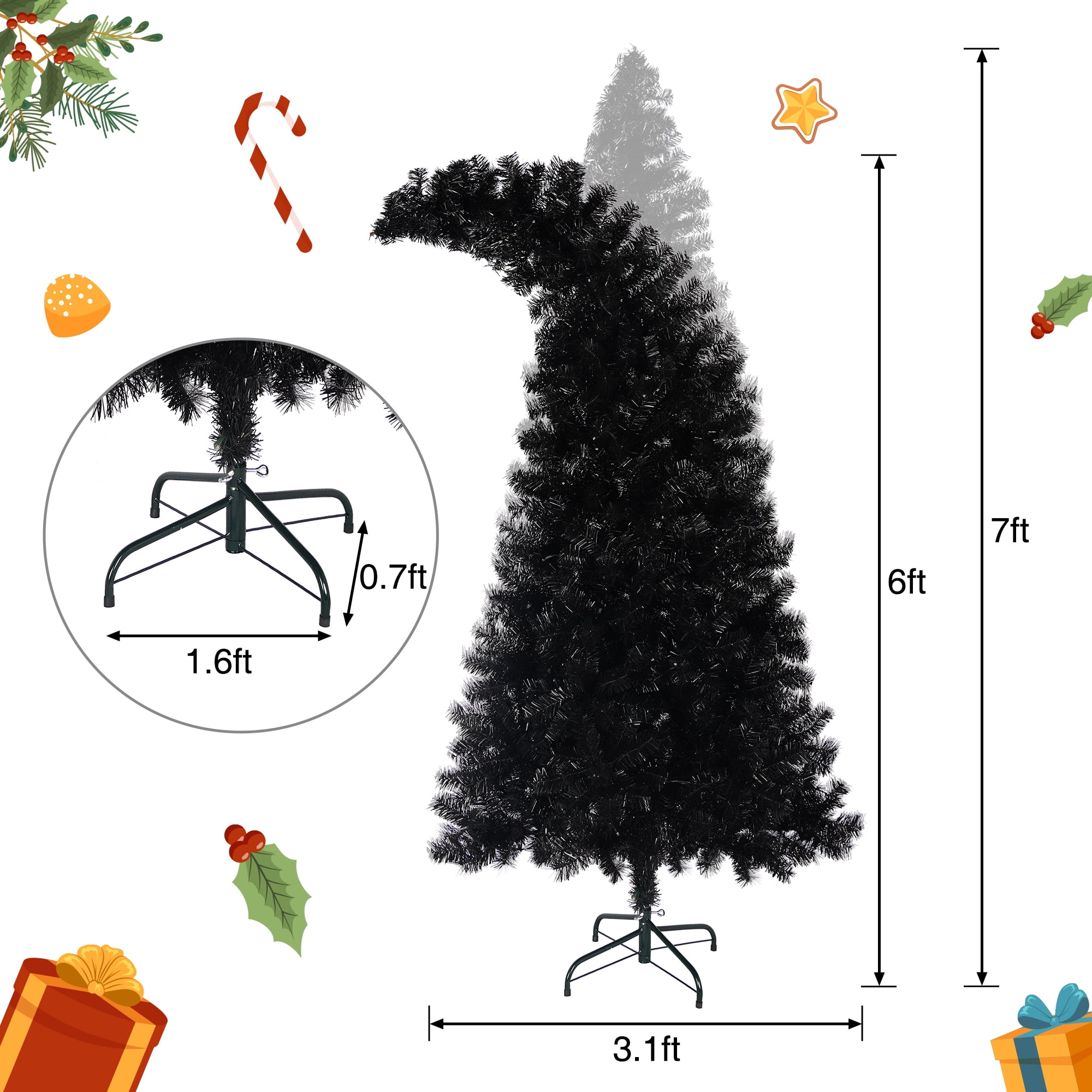 Euroco 6FT Artificial Christmas Tree with LED Light, Pre-Lit Curved Shape Artificial Whimsical Xmas Tree with 900 Tips, Black Christmas Tree