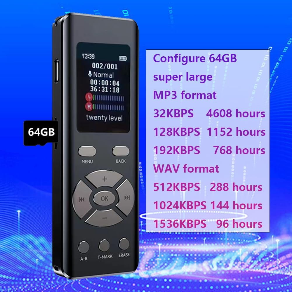 64GB Digital Voice Recorder Voice Activated Recorder for Lectures Meetings - 4608 Hours Sound Audio Recorder Dictaphone Recording Device with Playback,MP3 Player,Password,Variable Speed