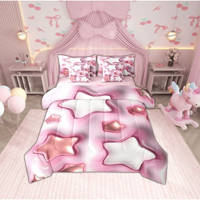 Erosebridal Ensembles de Literie Étoiles Roses Mignonnes Taille Grand, Ensembles de Couette Style Princesse avec Draps, Décoration de Chambre Imprimée 3D, Réversible 7 Pcs