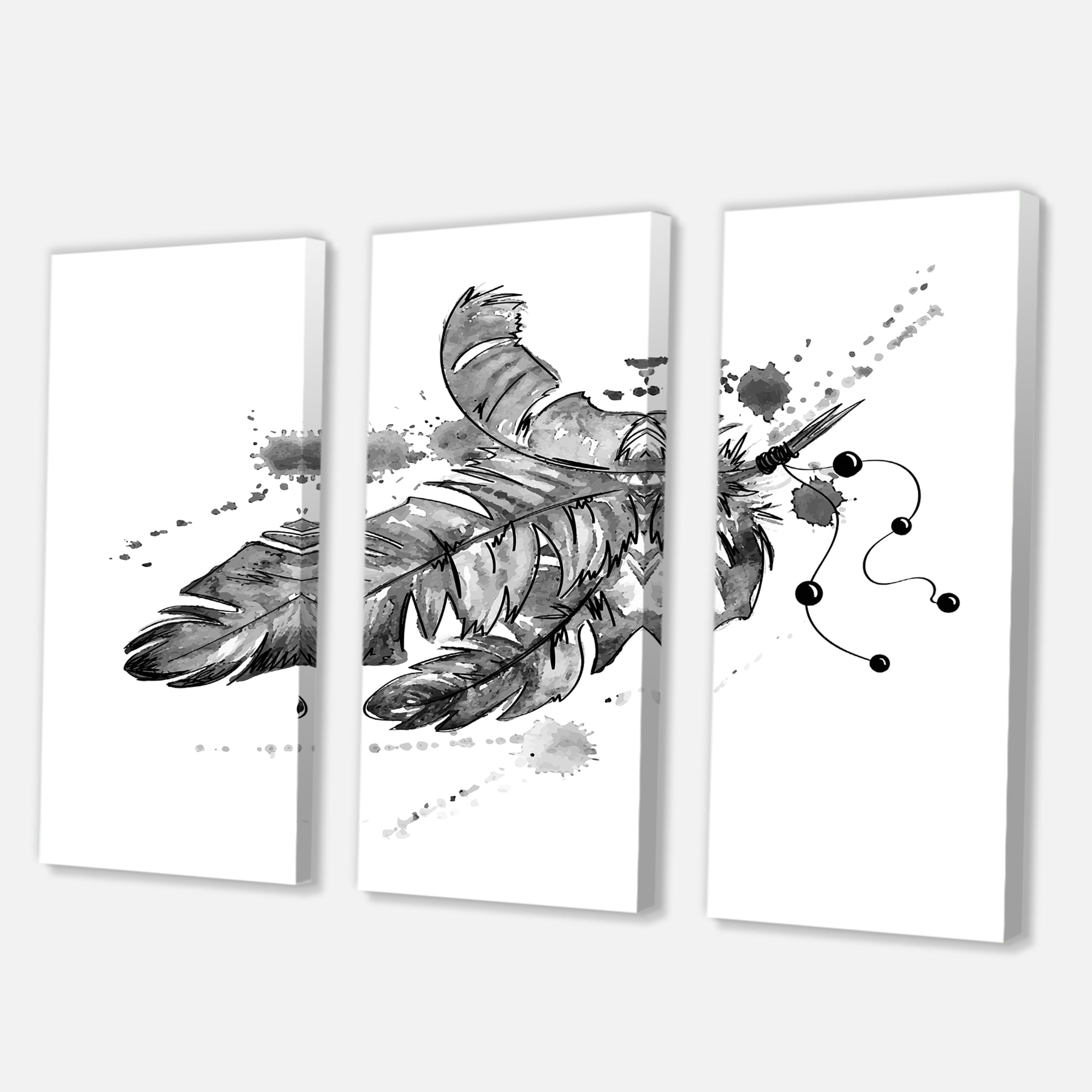 Designart ' Black and White Feathers Impression ' Traditional Canvas Wall Art Print