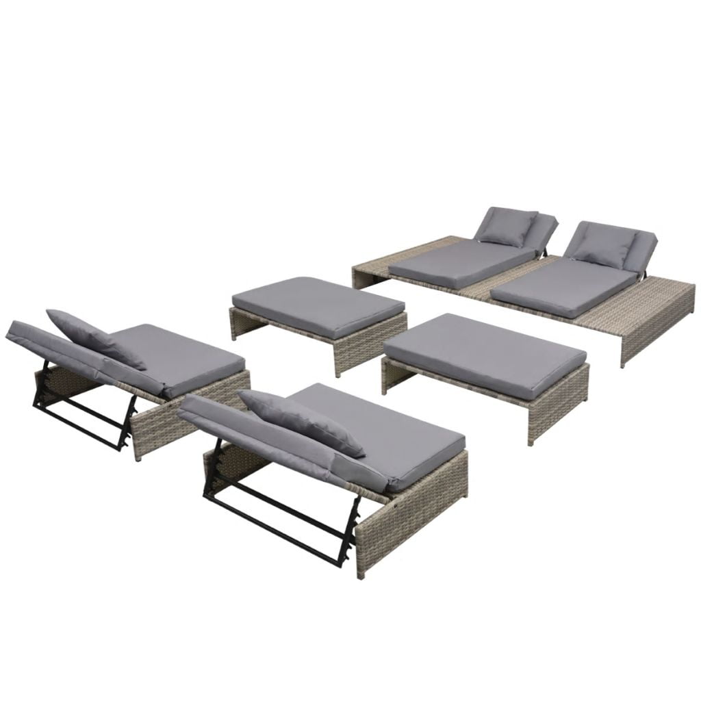 Kepooman 6 Pcs Patio Adjustable Double Sun Lounger Set with 2 Footstools, Grey Kepooman 6 Pcs Patio Adjustable Double Sun Lounger Set with 2 Footstools, Grey