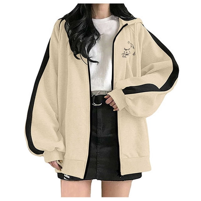 Pntutb mujeres Casual manga larga bolsillo suelto estampado cremallera medio y largo tops sudaderas con capucha blusa de mujer Pntutb Pntutb-587