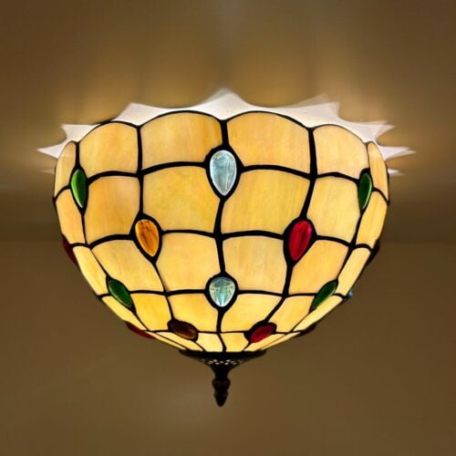 Tiffany Ceiling Lights Fixture Gold Stained Glass Crystal Beans LED Bulbs Included 12”W*12”D*8”H