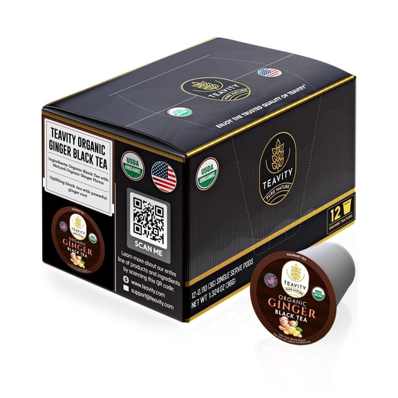 Organic Ginger Black Tea Pods for Keurig Brewers by Teavity - Naturally Caffeinated, 12 Tea Pods
