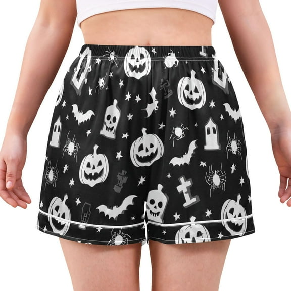 Women's Silk Pajama Shorts Black and White Halloween Elements Pajama Shorts Women's Casual Pajama Shorts with Pockets