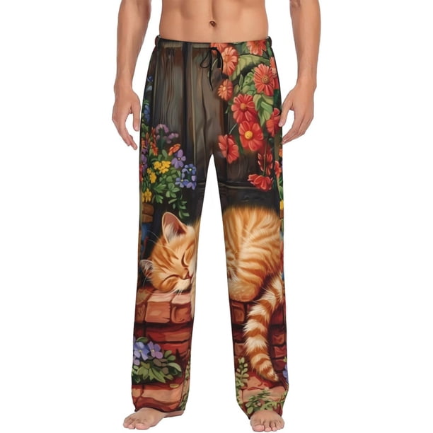 Balery Sleeping Cat Flowers Pantalones de pijama para hombre, pijama ultraligero, pantalón de descanso-X-Large