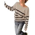 thumbnail image 2 of Women'S Crew Neck Cropped Sweater Fall Long Sleeve Chunky Knit Pullover Sweater Tops Khaki & Black XL, 2 of 7