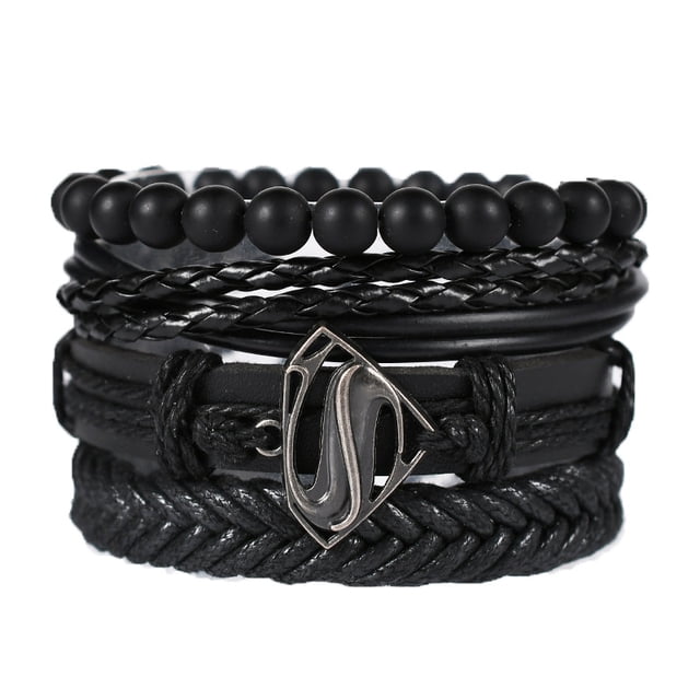 Pulseras de cuentas negras Vintage para hombre, pulsera de cuero triangular hueco a la moda y pulseras anchas multicapa, joyería JAMW Sencillez