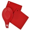 Red 3 Piece Kitchen Accessory Set - Includes 2 silicone potholder/Trivets and 1 silicone spoon rest.
