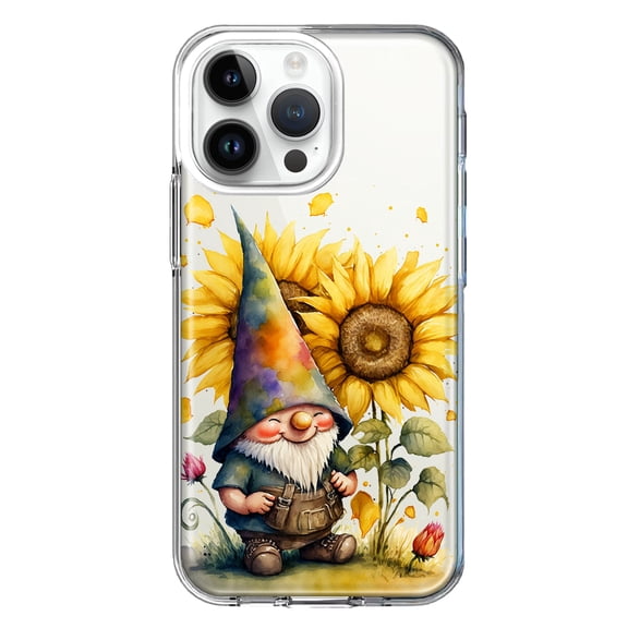MUNDAZE Case for Apple iPhone 15 Pro Max Slim Hard Shell Soft TPU Hybrid Shockproof Heavy Duty Protective Phone Cover - Cute Gnome Sunflowers Clear