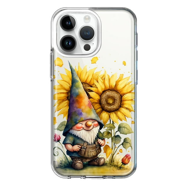 MUNDAZE Étui pour Apple iPhone 15 Pro Max Étui Rigide Mince Hybride TPU Souple Antichoc Protection Robuste - Mignon Gnome Tournesols Transparent