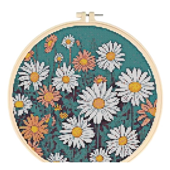 Daisies Easy Cross Stitch Kits for Starter Kits DIY 11CT Pre-printed Stamped Patterns Embroidery Cross Stitching Needlework Kit Set Supplies with Hoop 38x38cm (A68)