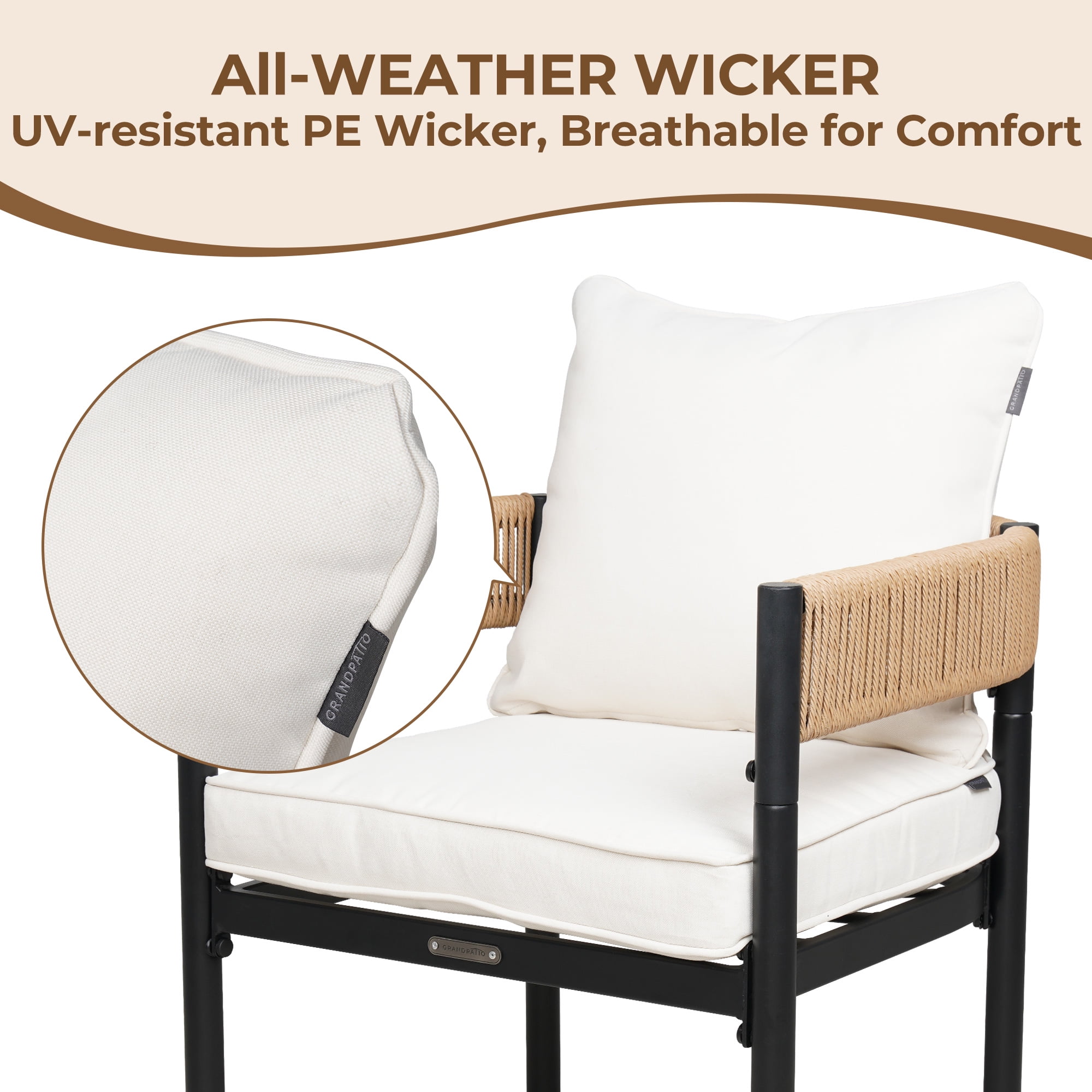 GRANDPATIO Steel Outdoor Dining Side Chairs, Wicker Back - Set of 2, Khaki Wicker & Beige Cushion