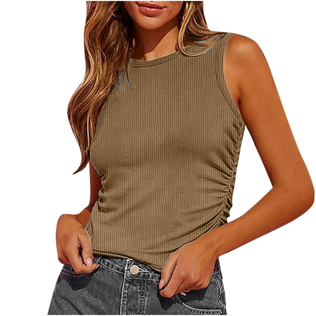 Timegard Womens Going out Tank Tops Ribbed Crew Neck Side Ruched Comfy Casual Sleeveless Tops Basic Tee