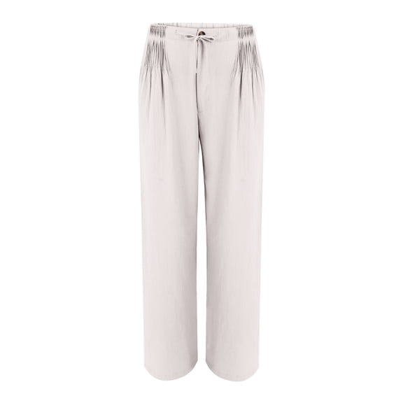 Women's Soft Cotton Line Straight Leg Pants, Elastic Waist Trousers with Button, Zipper Fly & Front Pleats, Casual Loose Fit Pants for Spring Summer Fall Daily Wear Beige L
