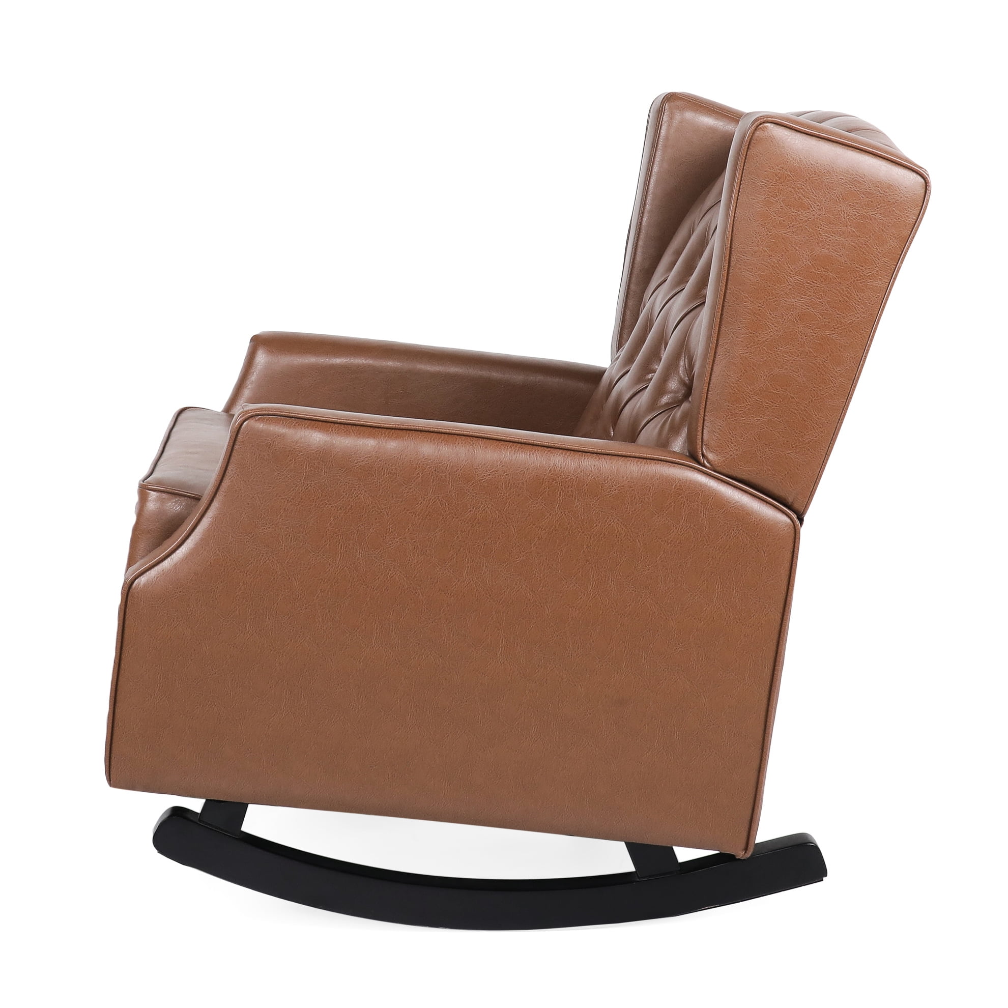 Elegant Rocking Chair In Brown With Button Stitch And Comfortable Wingback, 36.53" W X 37.28" H 25.81" D Fashionable Wingback Umbrella Holder, Pu Upholstery, 25.81"w 36.53"d 37.28"h