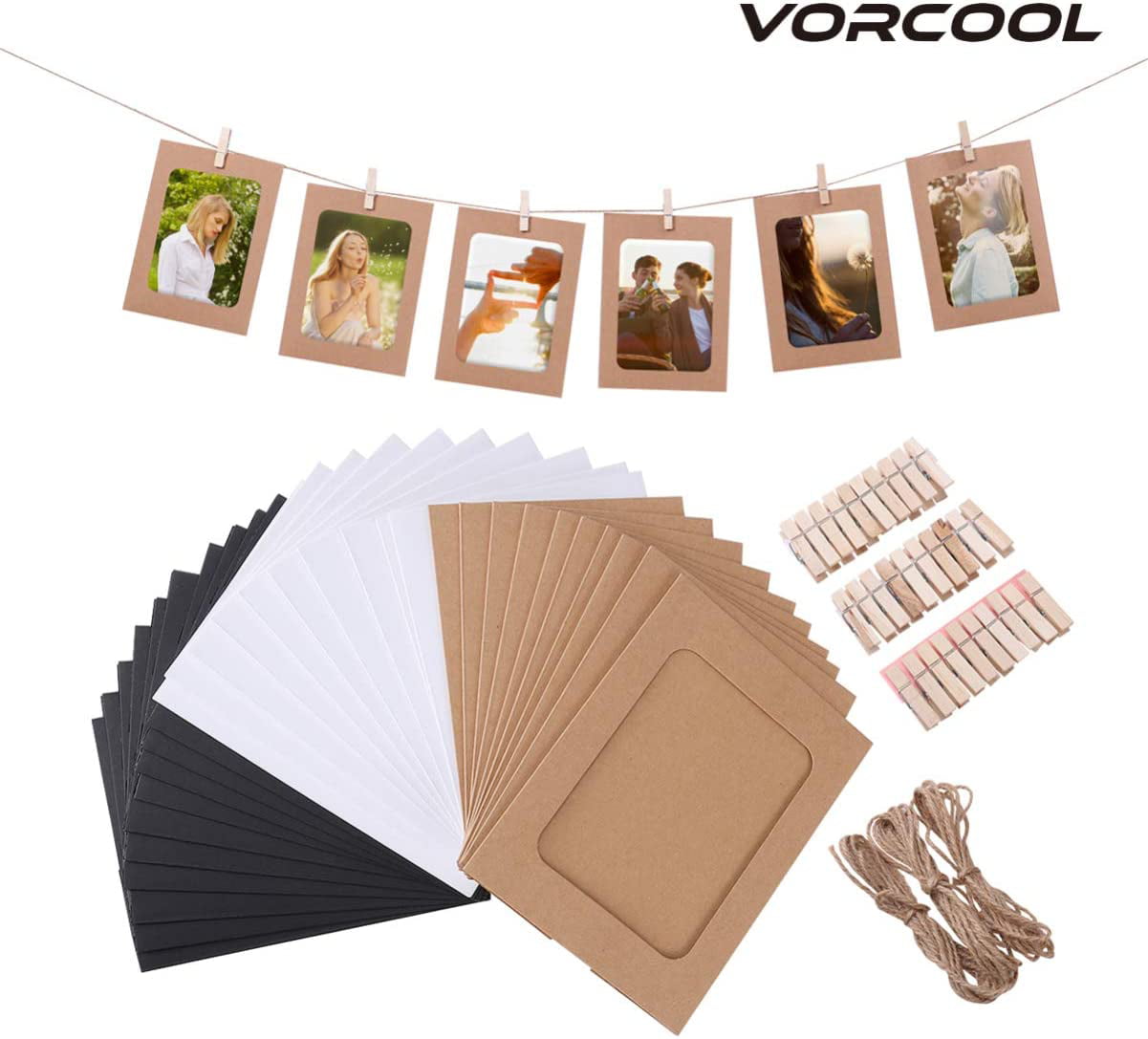 30PCS 3 Style Hanging Display on Wall Decoration with Clips and Ropes DIY 4x6in Kraft Paper Picture Frame Paper Photo Frame