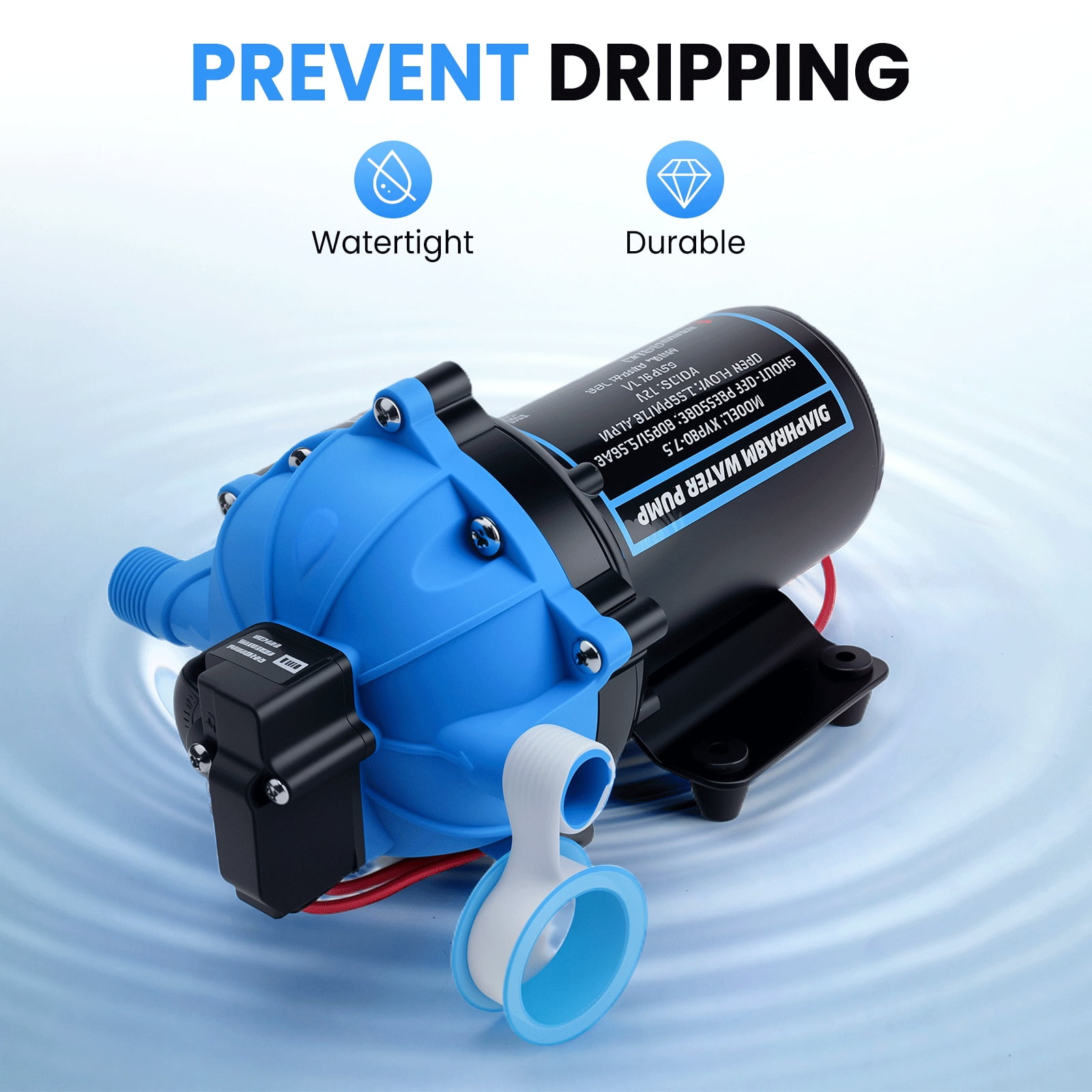 12V RV Fresh Water Pump 7.5GPM 80PSI, RV Water Pump 5-Chamber Self-Priming Diaphragm Pump with Heavy Duty Pressure Switch and Strainer for RV, Marine, Yacht, Caravan