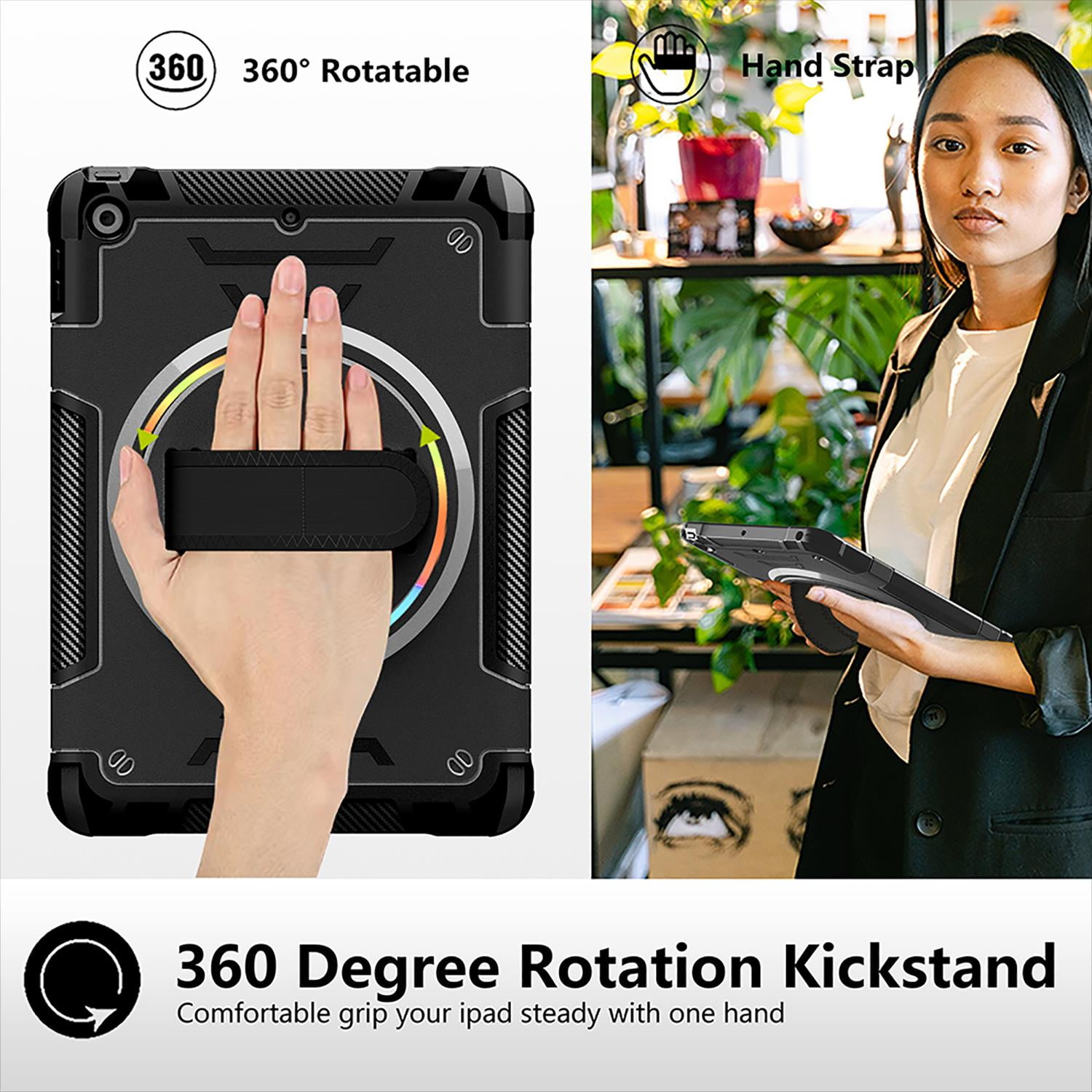 Shockproof Case for Apple iPad 6th 5th Generation, with Pencil Holder Military Grade Protection Rotating Stand Hand Strap Shoulder Strap Bumper Rugged Case for iPad 6th 5th Gen 9.7", Black