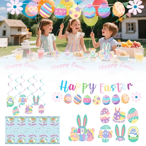 CoreLiving Easter Party Decorations Kit, Happy Easter Banner Rabbit Egg Backdrop Tablecover, Bunny Foil Balloons Printed Latex Balloons Hanging Swirls Cake Topper for Home Office Spring Décor