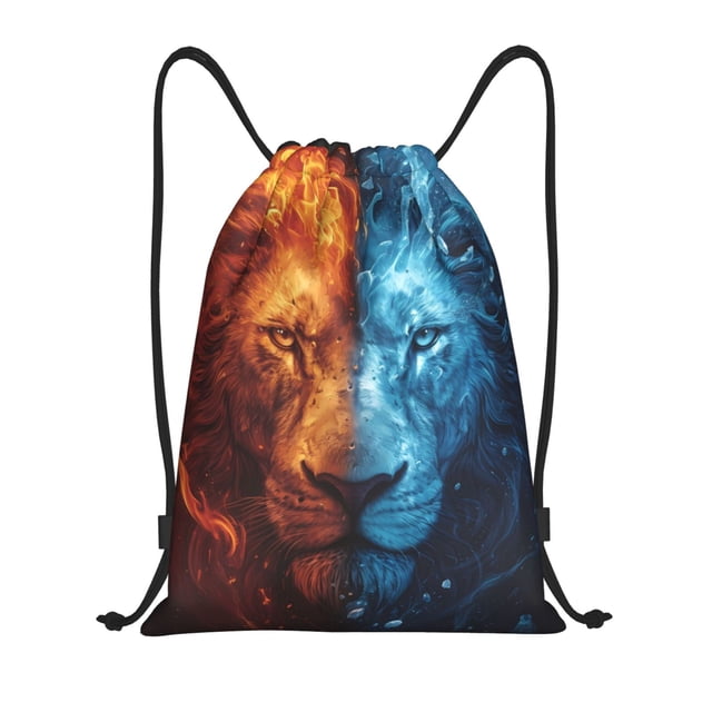 Xecao Red And Blue Fire Lion Pattern Sports Drawstring Backpack - String Swim Gym Bag with Wet Proof Pocket for Women&Men-Medium