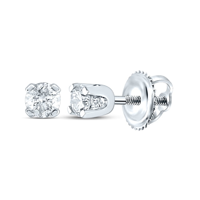 Boucles d'Oreilles Solitaires Rondes en Or Blanc 14kt pour Filles 1/10 Cttw