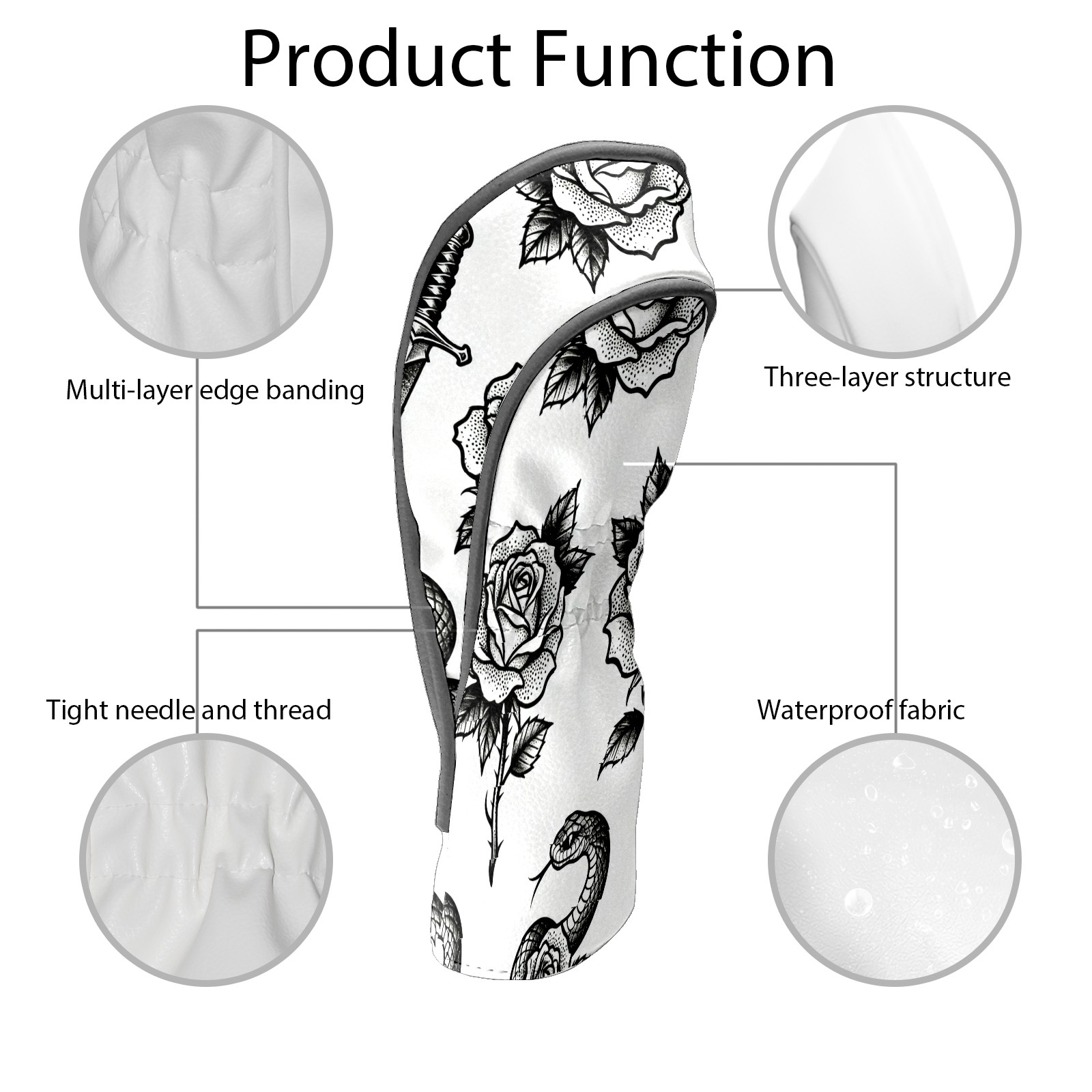 Golf Club Covers, BlackWhite RoseDagger Premium PU Leather Driver Hybrid Putter Head Covers with Velvet Lining, Waterproof Golf Gifts for Men Women