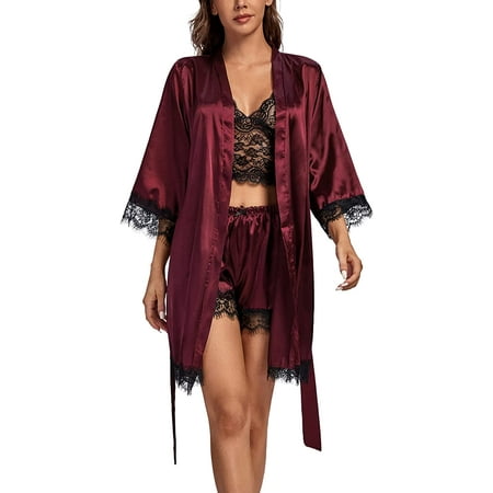 

Rooscier Women s 3 Pcs Satin Lace Robe Sleepwear Cami With Shorts Lingerie Pajamas set