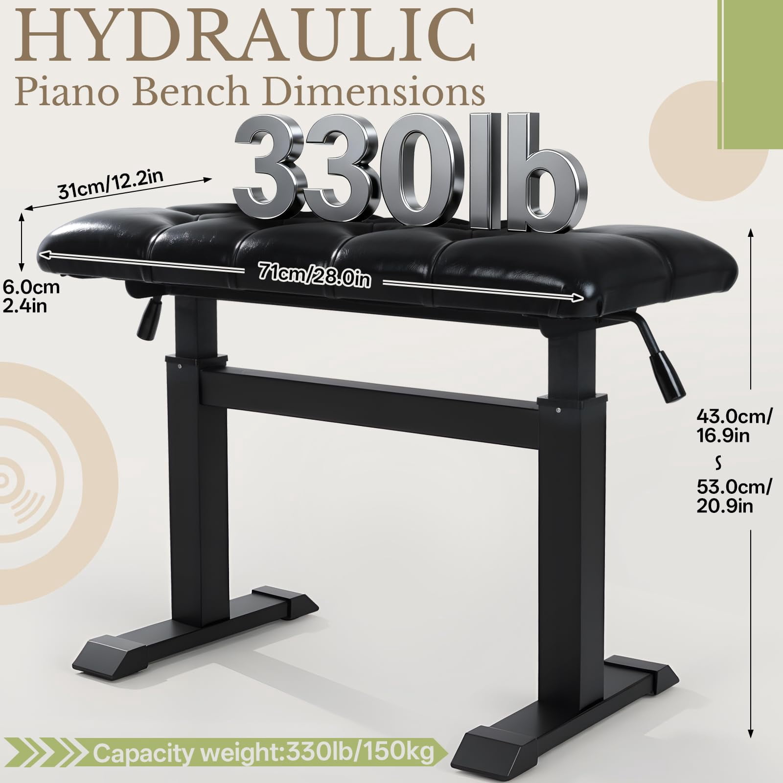Hydraulic Piano Bench  Keyboard With Padded Cushion Ajustable Duet Heavy Duty Chair 28" X 12.2" Pu Leather Stool For Musicians
