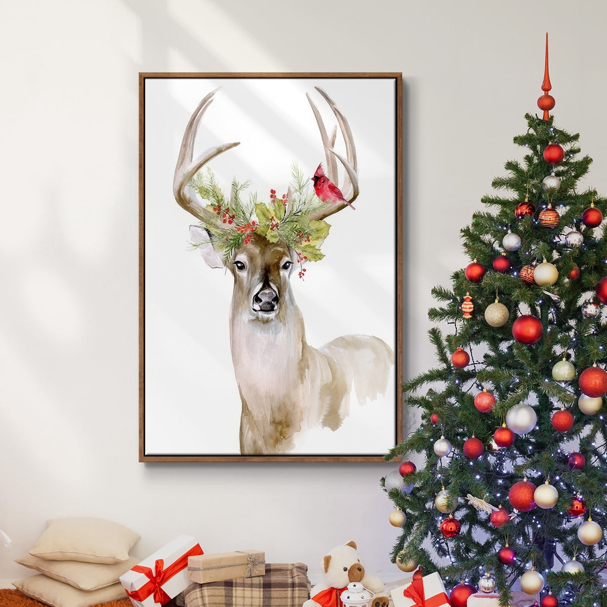 Holiday Deer I - Framed Gallery Wrapped Holiday Canvas - 25 x 37 - Rosewood Frame