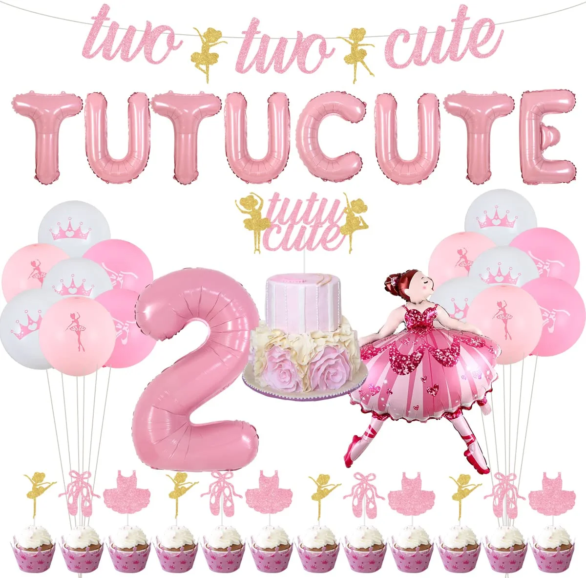 Ballerina 2nd Birthday Party Decoration for Girls Two Two Cute Birthday Decoration with Two Two Cute Banner Two Two Cute Cake Cupcake Toppers Dancing Girl Foil Balloon for Ballerina Girl Birthday -