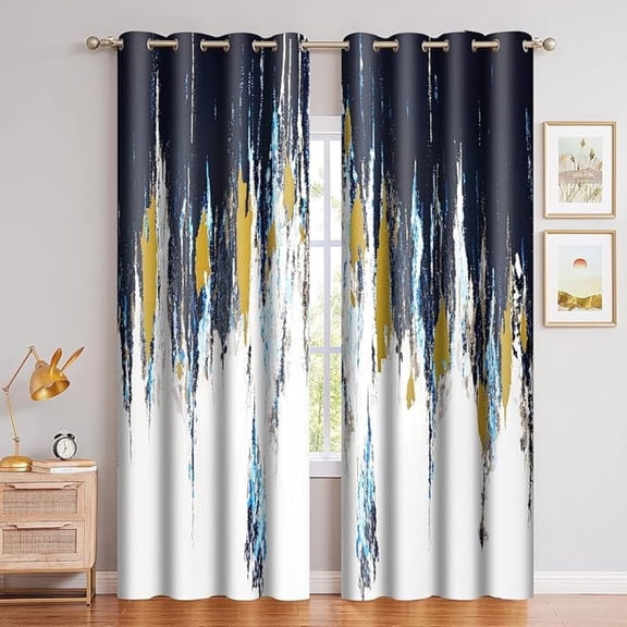 Navy Blue White Color Blocking Curtains White Gold Modern Art Blackout Curtain Oil Painting Style Mixed Color Printed Drapes For Bedroom Living Room Guest Room Decor 53"W x 96"L (Pack of 2)