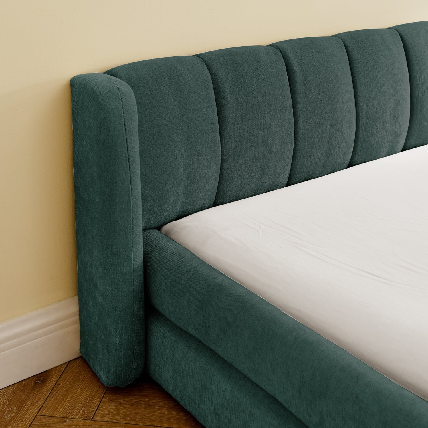 Lisonu King Size Grounded Bed Frame, Modern Upholstered Low Profile Platform, Soft Chenille Fabric with Padded Headboard, Blue & Green Finish